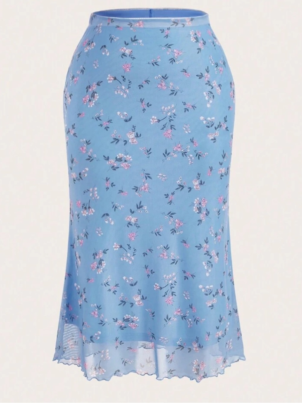 SHEIN Floral Print Lettuce Trim Mesh Skirt